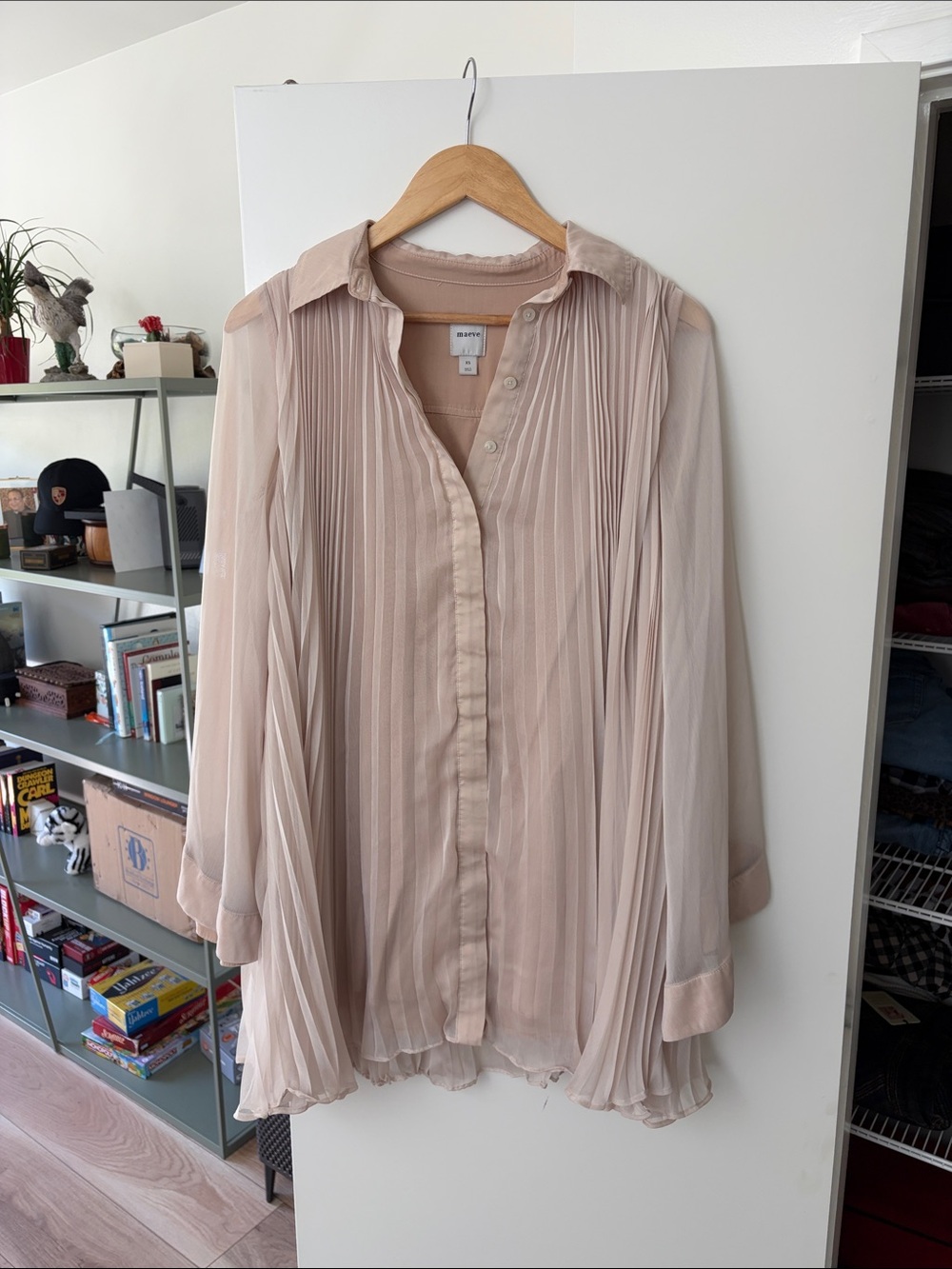Maeve Pleated Sheer Button-Front Shirt Dress in Light Blush